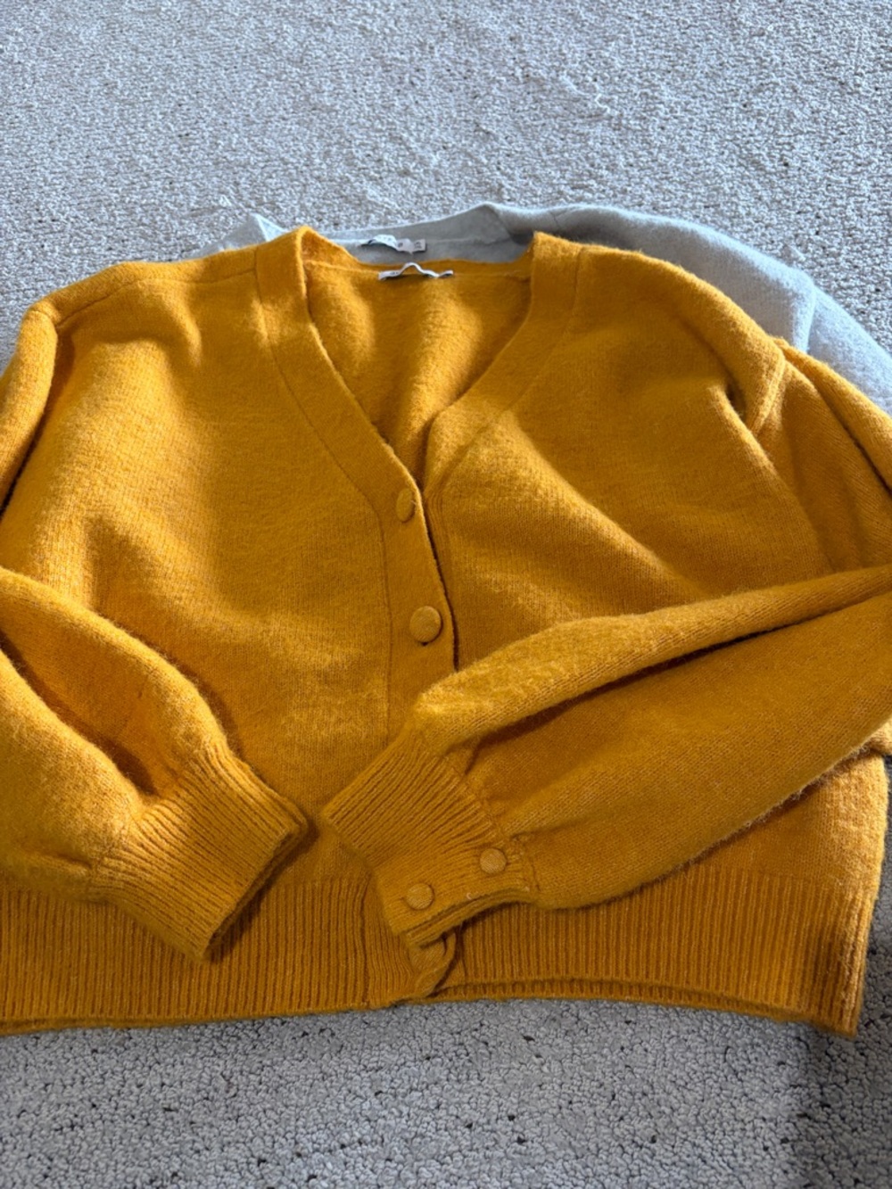 JustFab V-Neck Button Crop Cardigan Sweater - Mustard & Light Gray. - Picture 3 of 6